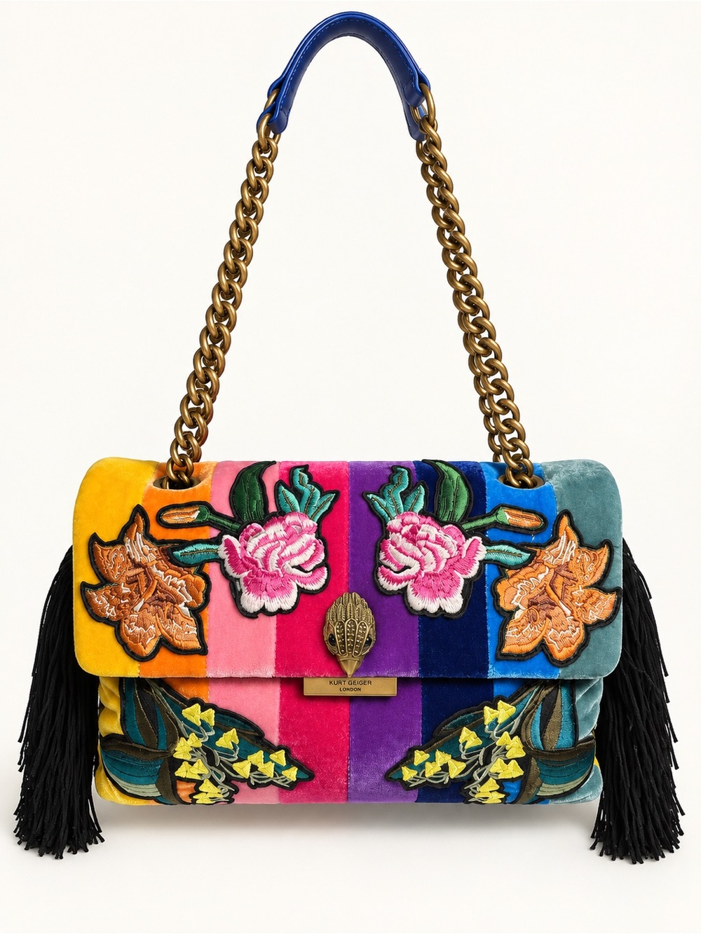 Kurt Geiger Kensington Velvet Floral Embroidered Shoulder Bag Rainbow fringe